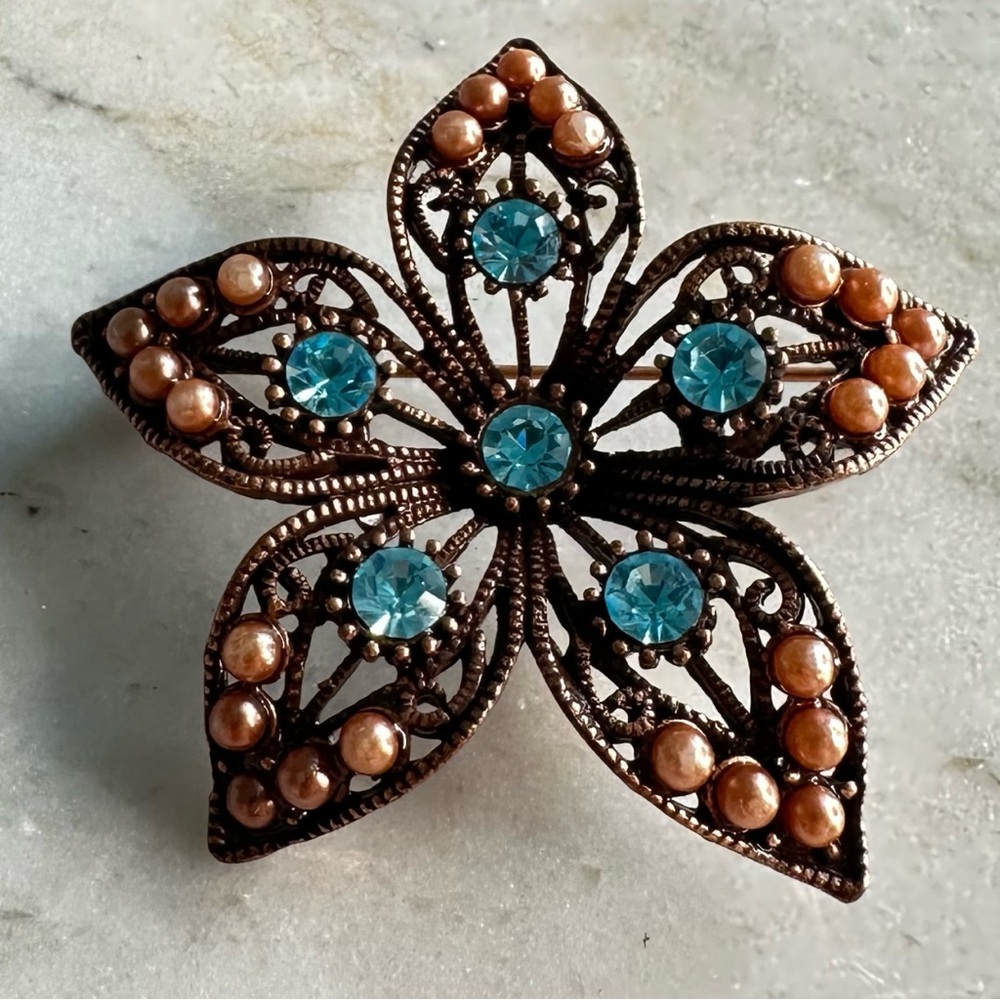 Vintage Bronze Tone Flower Brooch Blue Stone & Pearl Accents
